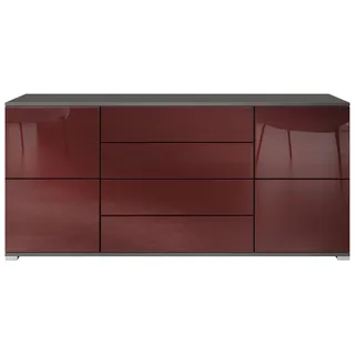 Vladon Sideboard Rova V2 (Kommode mit 4 Türen, 4 Schubladen, Made in Germany), Anthrazit matt/Bordeaux Hochglanz (166,5 x 75,5 x 35) rot