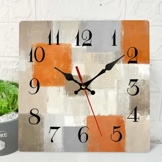 ArtSocket Wanduhr aus Holz, leise, Nicht tickend, abstrakt, orange, braun, grau, geometrisch, kariert, quadratisch, rustikale Wanduhren, Dekoration für Zuhause, Küche, Wohnzimmer, Büro,