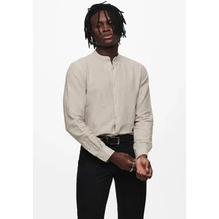 Langarmhemd ONLY & SONS "ONSCAIDEN LS SOLID LINEN MAO SHIRT NOOS", Herren, Gr. L, N-Gr, grau (chinchilla), Web, Obermaterial: 55% Baumwolle, 45% Leinen, unifarben, slim fit normal, Rundhals, 2-Knopf-Manschette, Hemden, Baumwolle mit Leinen, slim fit