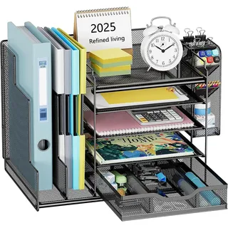 Refined Living Organizer Schreibtisch Organizer mit Aktenhalter, Büro Organizer, mit 5 Fächern (5-stufiger Papier Organizer mit Schublade und Stifthalter, Mesh Schreibtisch Akten Organizer mit Zeitschriftenhalter, mit vertikalen Aktenordnerhaltern, Schreibtisch Aufbewahrung, Bürobedarf, Schreibtisch Ablage, Stifthalter Organizer, Multifunktionale Büroorganisation, Netz Schreibtisch-Organizer für Zuhause, 1 St., Schreibtischablage,Viel Stauraum, Platzsparend,rostbeständig), für Büro,Zuhause,Schule–für Zeitschriften,Akten, Schreibwaren und mehr schwarz