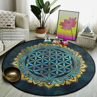 XIAOHUKK Mandala Blume des Lebens, runder Teppich, Wohnzimmer, Sofatischkissen, weicher Schwamm, Schlafzimmer, Nachttischteppich, Badezimmerdekorationsteppich