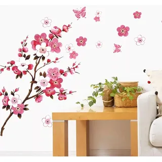 Wandtattoo Papillon  90 X 60 Cm  Rose Rouge Sakura Vigne Fle