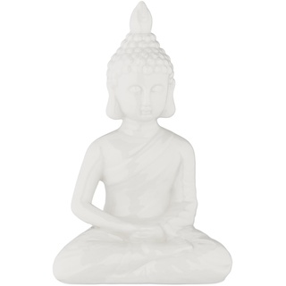Relaxdays Buddha Figur sitzend, 18 cm hoch, Garten-Dekofigur, wetterfest & frostsicher, Dekoskulptur Wohnzimmer, weiß, Keramik