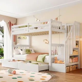 Merax Etagenbett Kinderbett 90x200 cm, Hochbett mit Schublade, Treppenregal und hohe Geländer, Holzbett Bettgestell mit Lattenrost (ohne Matratze), aus Kiefernholz, EN747-1 Zertifiziert, Weiß