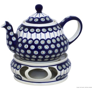 Bunzlauer Keramik Original Teekanne 2,0 Liter mit integriertem Sieb und Stövchen im Dekor 8