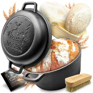 besok Brotbacktopf inkl. Gärkorb 26cm - Gusseisen Brot Backen Topf - Brotbackform mit Deckel - Induktion - Brottopf zum Brotbacken, Gusseisentopf