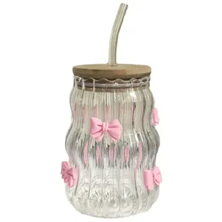 Bow Glasbecher mit Deckel und Strohhalm, Rosa Fliege Pink Stuff Geschenk Für Beste Freundin, Glas mit Bow Aesthetic Stuff Clean Girl für Kaffee, Cocktails und Mehr (M, milliliter, 450)