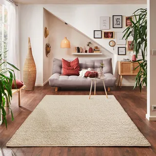 Steffensmeier Handweb Teppich Waldsee | Wolle (Schurwolle), Creme, handgewebt, Größe: 130x200 cm Wohnzimmer und Schlafzimmer