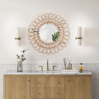 Rattan Spiegel Rund 40cm Handgefertigt Mit 20cm Glasspiegel, Wandspiegel Boho Deko Für Wohnzimmer, Schlafzimmer, Badezimmer, Flur & Bauernhaus Stil, Natur Rattan Wanddeko