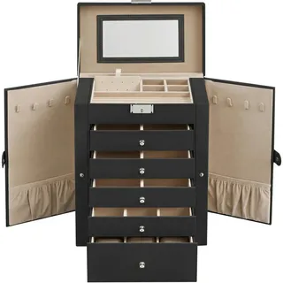 Boxxx Schmuckkästchen, Schwarz, Beige, Textil, Leder, Holzwerkstoff, Lederlook, 26x32x15.6 cm, Ringhalter, Kosmetikspiegel, Schubladen herausnehmbar, Ordnen & Aufbewahren, Schmuckaufbewahrung