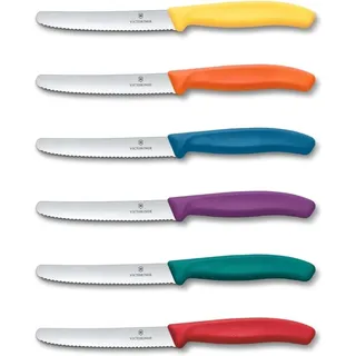 Victorinox | Küchenmesser-Set | 6 Stück Bunter Mix | Klingenlänge: 11cm | Extra scharfer Wellenschliff | Tafelmesser mit ergonomischen Griff
