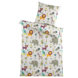 Optidream Kinderbettwäsche Set Mikrofaser 135x200 Polyester Kinder Safari, Mikrofaser, 2 teilig, Reißverschluss Wende Kind Afrika Löwe Elefant Giraffe kuschelig bunt|weiß