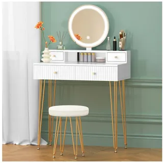 ALFORDSON Schminktisch Modernes LED-Schminktisch-Set Weiß & Gold (1-St., mit Spiegel, Schubladen und passendem Hocker), ideal für Schlafzimmer und kleine Wohnungen weiß