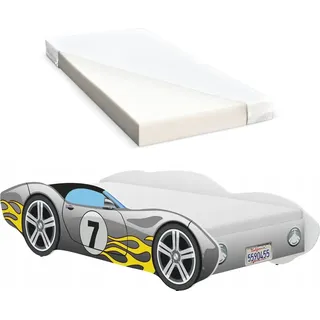 iGLOBAL Kinderbett Autobett Cars Bett Jugendbett Juniorbett Bett mit Lattenrost Stellage Schaumstoffmatratze Grau mit einer Flamme 140 x 70 cm - Grau