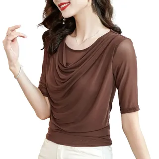 Shirts Damen,Sommer-Shirt Für Damen, T-Shirts, Tops, Braun, Einfarbig, Rundhalsausschnitt, Netzfalten-Design, Schmale Passform, Elegante Blusen, Sexy Charme, Lässig, Kurze Ärmel, Dünnes T-Shirt