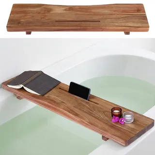 Premium Akazienholz Badewannentablett Caddy mit verstellbaren Beinen, minimalistisches Design Badewannenablage für Wanne, Badewannenzubehör, passend für Standard- und gegen Wandbadewannen