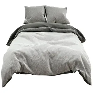 Visaggio Bettwäsche Winter Teddy Plüsch, Fleece, 4 teilig, Flauschig warmes Cashmere Touch, Einfarbig Wende grau