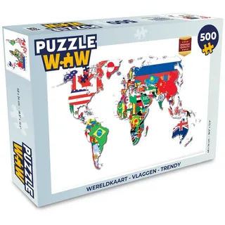 MuchoWow Puzzle Weltkarte - Flaggen - Trendy, 500 Puzzleteile, Foto-Puzzle, Bilderrätsel, Puzzlespiele, Spielzeug bunt 34 cm x 48 cm x 2 cm