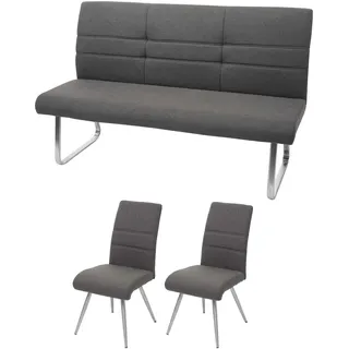 Mendler Set 2x Esszimmerstuhl+Sitzbank HWC-G55, Bank Küchenstuhl Stuhl, Stoff/Textil Edelstahl ~ grau-braun Bank 160cm