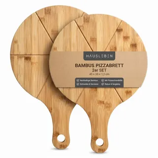 hausleben Pizzaschneidebrett Pizzabrett - Rundes Schneidebrett mit Griff und Schneiderillen, Bambus Pizzabrett, (Holz Pizzateller für Flammkuchen, 2-St., 2 Servierplatten), Holzteller Servierbrett für Pizza, Leicht zu Reinigen Ø 33 cm
