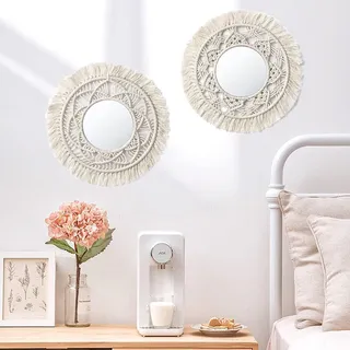 2er-Set Boho Wandspiegel mit Makramee-Fransen, Rund und Gewebt