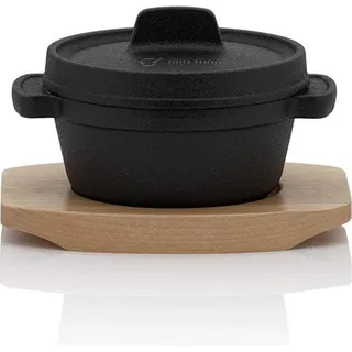 Unyqoos® Mini Dutch Oven – kompakte gusseiserne Servier‐ und Bratpfanne Ø 11 cm, bereits eingebrannt (preseasoned), inkl. Holzuntersetzer, 1 ... - Schwarz