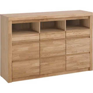 Kommode OTTO HOME "Silkeborg Fronten & Leisten aus Massivholz, Kospus aus Melamin", braun (eiche teilmassiv), Holzwerkstoff eichefarben (Korpus) / Massivholz Eiche (Front), Holz teilmassiv, Sideboards, Kommode, B/T/H 130/35/85 cm. 3 offene und 6 geschlossene Fächer