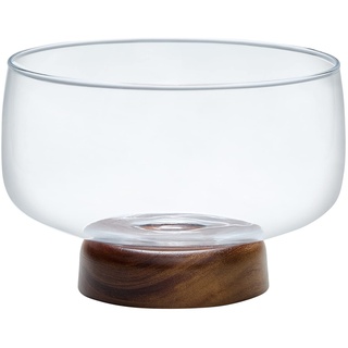 ZJX0769 Große Glas-Salatschüssel mit Sockel aus Akazienholz, Glas-Servierschale, Fußschale für Obst oder Backwaren, Kristallschale