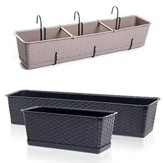 Blumenkasten Balkonkasten Blumentopf Rattan Optik Case P mit Aufhängung Untersetzer Geländerkasten 4 Größen (600 Mocca)