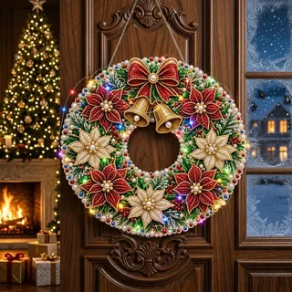 Diamond Painting Weihnachten mit LED,Diamant Painting Weihnachtskranz (03) | Diamond Painting Erwachsene,25cm Weihnachtsgirlande Weihnachtsdeko mit Beleuchtung,DIY Türkranz Anhänger Geschenk