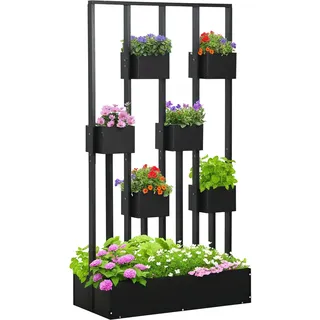 Outsunny Hochbeet mit Rankgitter Körbe Holz 90 x 45 x 170 cm Schwarz | Pflanzkübel, Pflanzkasten, Blumenkasten, für Garten Balkon Terrasse, Blumenkübel für Kletterpflanzen Korbpflanzen, Blumen