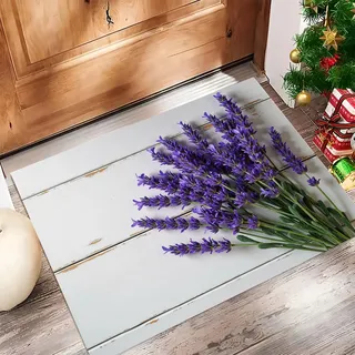 Fussmatte Weiße Holzplanken Lavendel, Französischer Landhausstil Rutschfest Schmutzfangmatte, Waschbar Fussmatte, Pflegeleicht Robust Fußabtreter Für Haustür, Eingang, Balkon, Garten, 45 x 75 cm, Lila