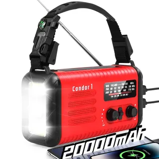 20000mAh Kurbelradio, tragbares Solar-Notfallradio mit AM/FM-Empfang | SOS Alarm, LED-Leselicht und Taschenlampe, USB-Telefonladegerät, Notfall, Stromausfall (Rot)