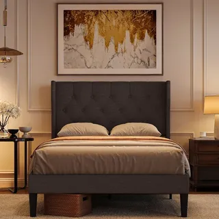 BEALIFE Polsterbett 120x200 cm Einzelbett mit Wingback-Kopfteil & Lattenrost | Modernes Stoffbett in Dunkelgrau/Beige | AF15 - Dunkelgrau