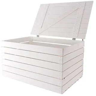 Neue Holztruhe weiß groß 80x50x39 cm Schatztruhe XXL Weisse Holzbank Aufbewahrungskiste Gartenmöbel Obstkiste Weinkiste mit Deckel Holzbox Sitzbank Vintage-Look Kiste Stuhl
