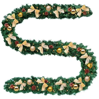 Baunsal® Weihnachtsgirlande Tannengirlande Girlande grün 5 m mit Goldener Deko und Led Lichterkette mit Batteriebox und Fernbedienung Girlande Weihnachten Weihnachtsdeko Tannengirlanden