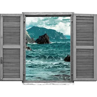 queence Wandtattoo Klippen im Meer (1 St), Wandsticker, Wandbild, selbstklebend, 3D, Fenster blau