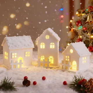 Weihnachtsdorf mit Beleuchtung 3 Stück, Weihnachtshaus Beleuchtet, Weihnachtsdeko Holz LED Innen, Wichtelhaus mit Licht,Weihnachtsstadt Weihnachtsdeko Amerikanisch, weihnachtshäuser Weihnachten Weiß