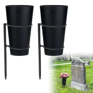 Friedhofsvasen aus Metall, Gedenkvasen mit Pfählen, Blumenhalter für Friedhofsgrab, Grabsteinvase mit Erdspießen, Kunststofftopf für frische oder künstliche Blumen, für Rasen, Hof, Beerdigung, 2 Stück