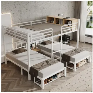 Odikalo Etagenbett Metall-Hochbett 140x200/90x200 Familien-Stockbett mit 3 Schlafplätzen (Metallbett offenem Regal, Schuhablage und Leiter für Gästezimmer und Jugendzimmer)