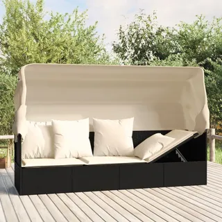 Outdoor-loungebett Mit Dach Und Kissen Schwarz Poly Rattan
