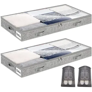 Unterbett Aufbewahrungsbox 2 Stück Unterbettkommode und klarem Transparenter Deckel, 10 cm hoch Faltbar Unterbett Aufbewahrung mit 4 Griffen & 2 Reißverschluss für Kleideraufbewahrung & Organisation