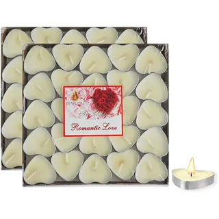 MOAMUN 100 Stück Teelichter Kerzen, Herzform Teelicht Mini Candle Bulk Rauchlos Candles, Kleine Kerzen Partylite Kerzen für Valentinstag Hochzeitstag Weihnachten Dekoration (Weiß)