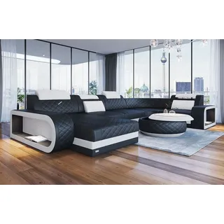 Sofa Dreams Wohnlandschaft Berlin U Form Mini Leder, Designersof, 6-Sitzer, LED-Beleuchtung, Couch, Kopfstützen, USB-Anschluss, Ottomane schwarz