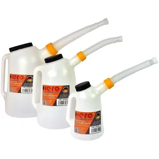 HERO Ölkannen Füllkanne Messkanne SET 1L + 3L + 5L Messbecher mit flexiblem Ausgussstutzen und Deckel Wasser Kanne Auto Ölwechsel Kfz