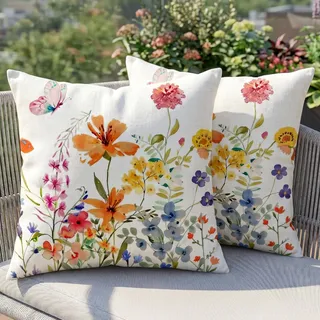 ZiYDaam 2er Set Kissen Outdoor Kissenbezug 45x45cm Gartenkissen Wetterfest Sofakissen Sommer Landhausstil Dekokissen für Garten Balkon Sofa Wohnzimmer