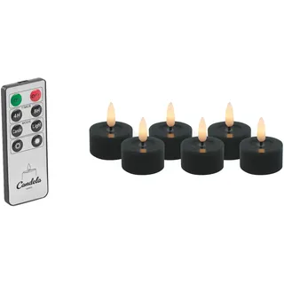 Candela Lights LED Kerzen 6er Set Ø4,5cm schwarz glatt smooth Echtwachs Teelicht mit Fernbedienung & Timerfunktion Flammenlose flackernde LED-Kerze mehrstufig dimmbar