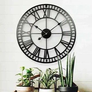 Wetterfeste Gartenuhr – Retro – Römische Ziffern – Vintage – Schlicht – Kunstvolles Eisen – Außenuhr – Batteriebetrieben – Geräuschlos – 40 Cm