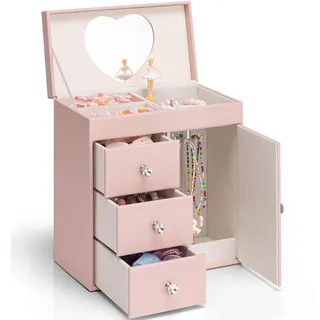 VLANDO Schmuckkästchen Mädchen,Große Schmuckkasten Kinder mit Ballerina | 4 lagiges Spielzeug Geschenk Mädchen mit DIY Aufkleber, Schmuckaufbewahrung mädchen mit Spieluhr, Rosa