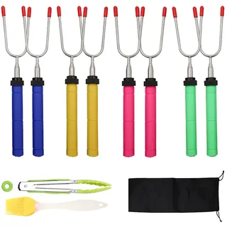 TOOYOO Grillbesteck Set,11 Stück Grillspieße Ausziehbar Edelstahl Grillgabel Grillzange Grillpinsel, Teleskop Extra Lange 85cm Grill Spieße für Lagerfeuer Camping Smores, Hot Dogs Shish Kebabs